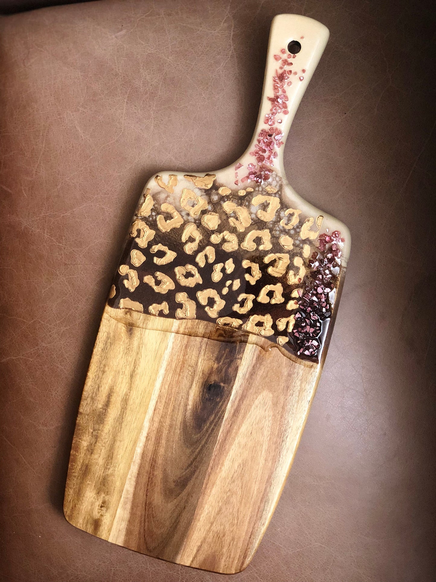 Cheetah Animal Print Ivory handle Charcuterie Tray | Eco-Resin Accented Cutting Board | Acacia Wood
