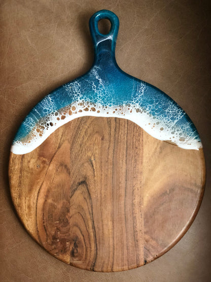 Round Serving Tray Cutting Board | Eco-Resin Accented Cheese Board | Acacia Wood